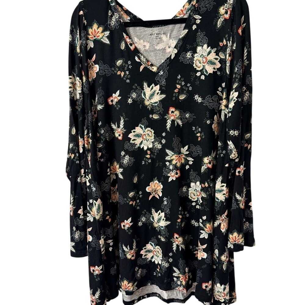 Lane Bryant Floral V-Neck Long Sleeve Tunic Top Black Plus Size 18/20 101623 - Picture 3 of 9
